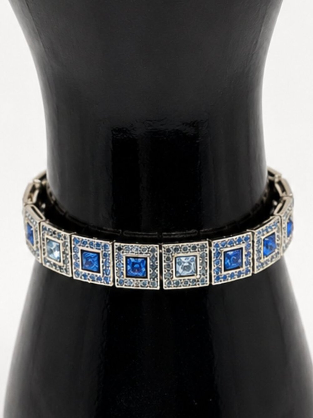 Blue Crystal Stretch Bracelet Silver Tone Geometric Square Rhinestone Bracelet